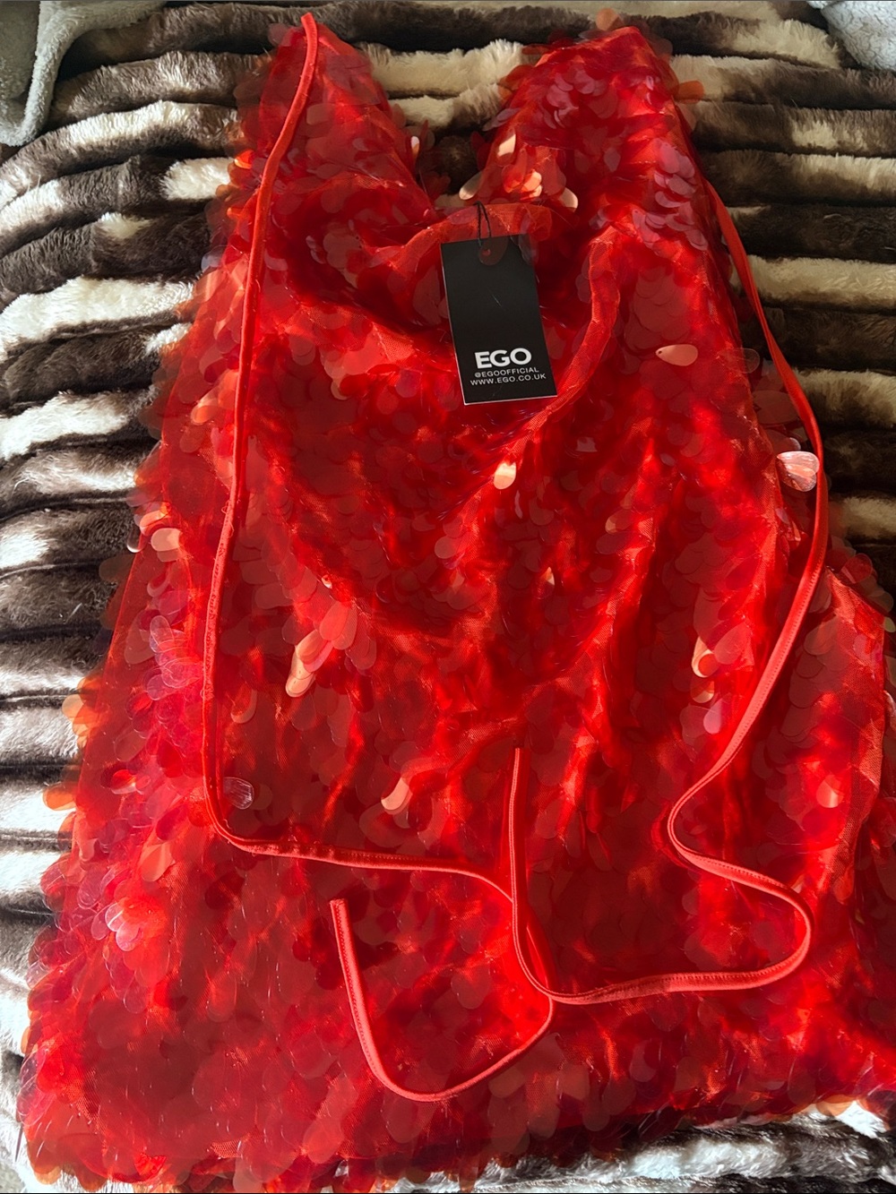 EGO Red Sequin Cowl Slip Dress